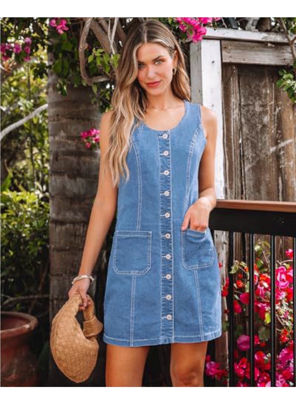 Sleeveless Blue Denim Button-Front Mini Dress